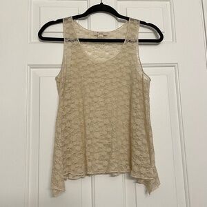 Vintage Forever 21 Gold Metallic Thread/Yarn Beige Lace Trapeze Sheer Tank Top